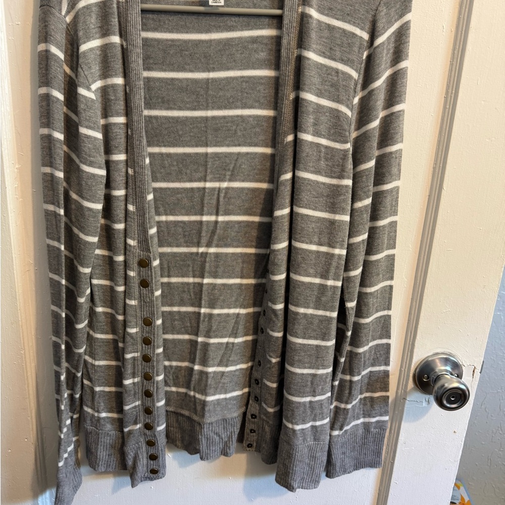 Striped Button-Front Women's Cardigan Sweater - Gray & White